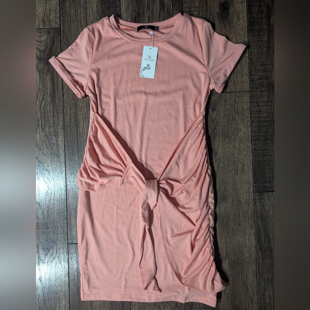 LILLUSORY Womens Front Wrap Short Sleeve Ruched T Shirt Dress Peach Coral Small